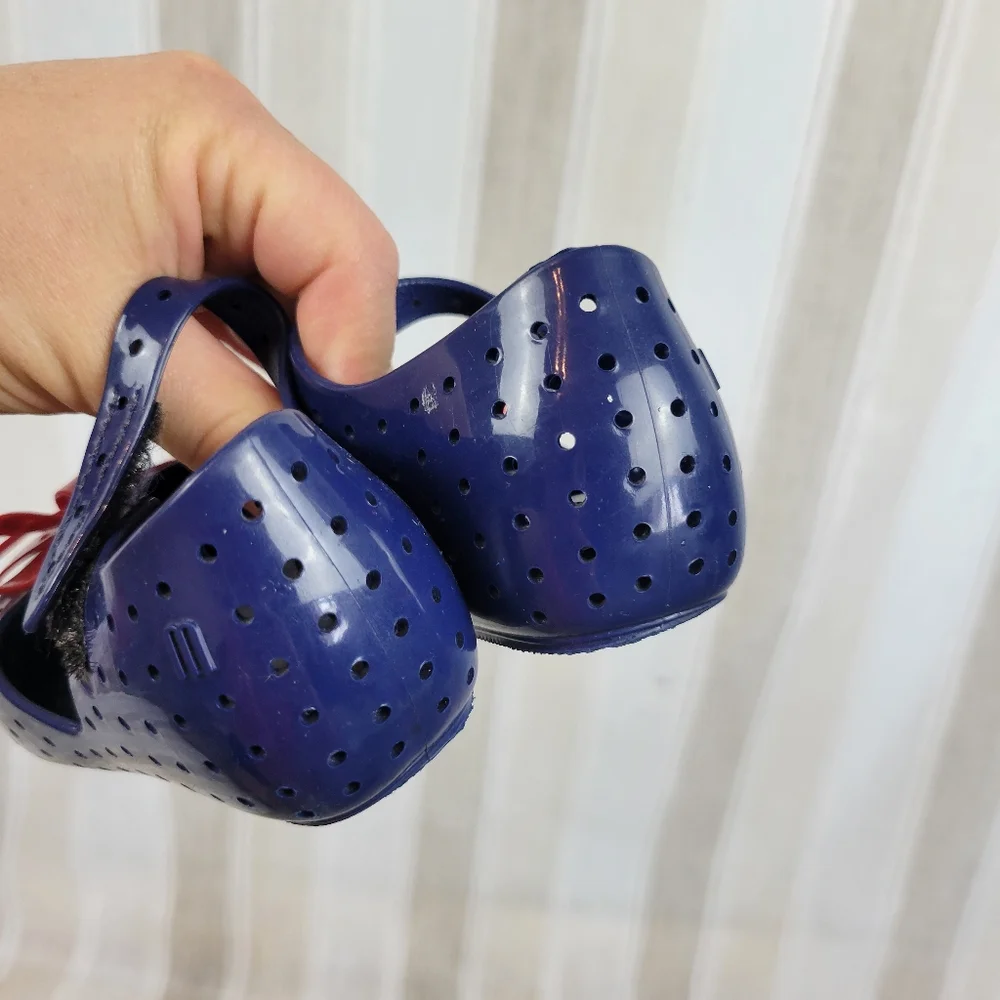 Mini Melissa Furadinha Jelly Flats Mary Jane Shoes Size 7 Blue Red Bow‎